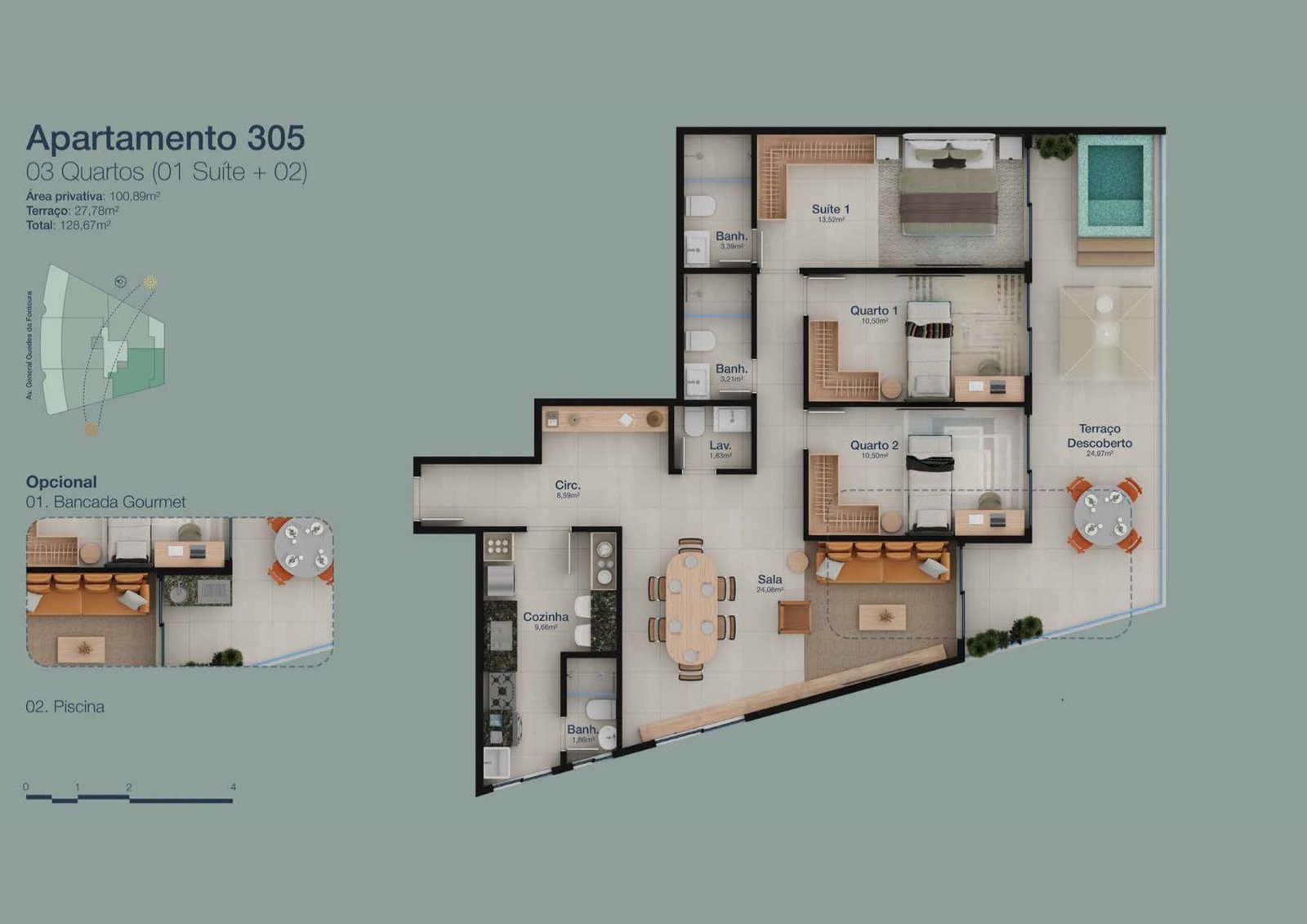 Planta baixa dos apartamentos de 2 e 3 quartos do Panorama Jardim Oceânico, com varandas e suítes amplas