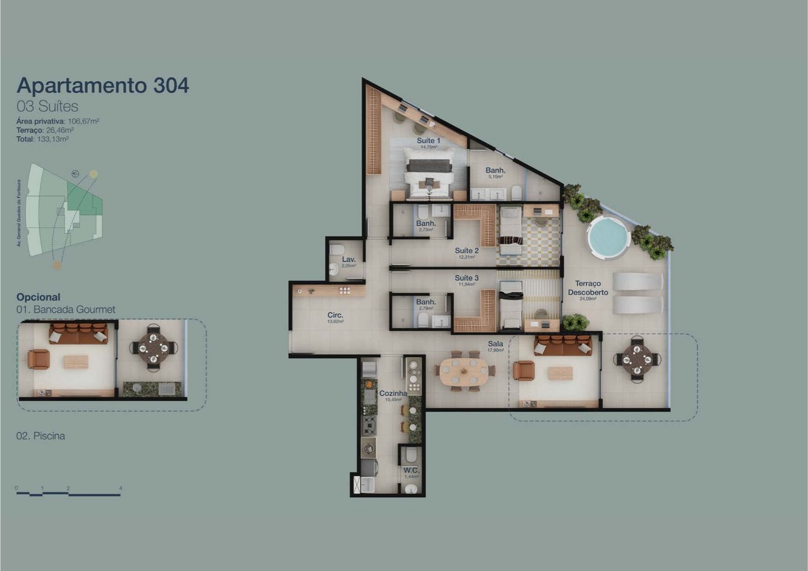 Planta baixa dos apartamentos de 2 e 3 quartos do Panorama Jardim Oceânico, com varandas e suítes amplas