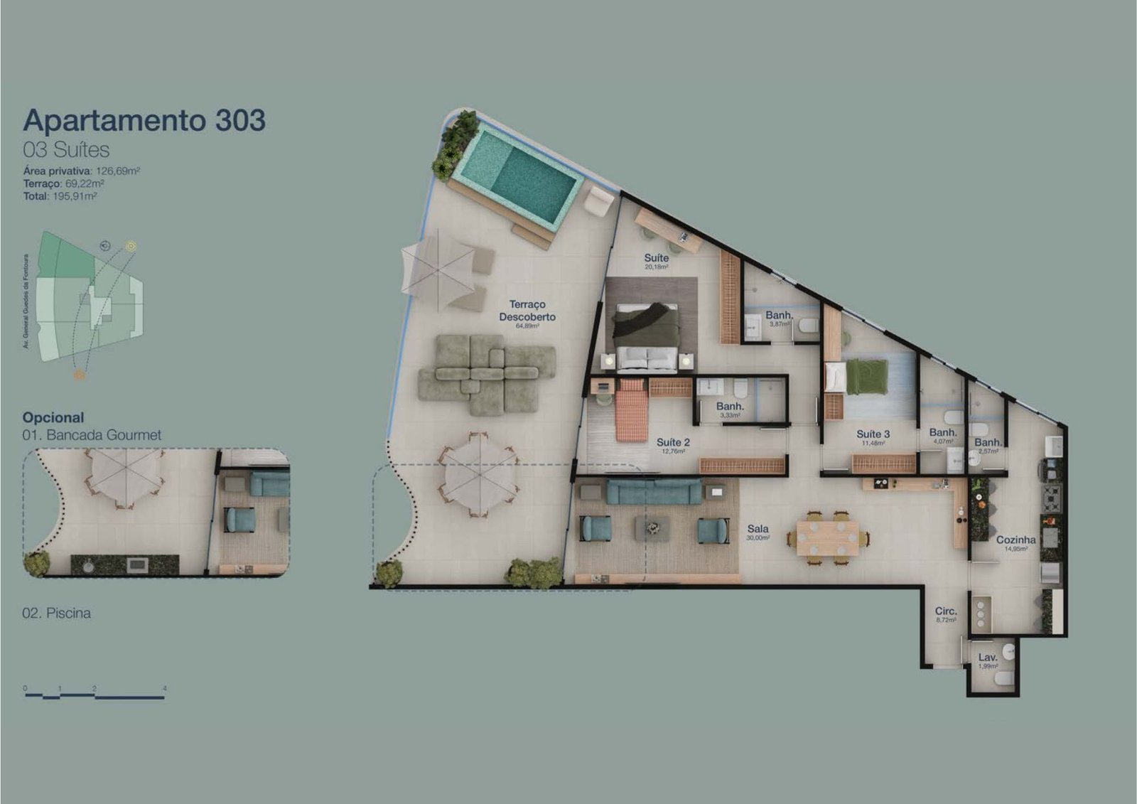 Planta baixa dos apartamentos de 2 e 3 quartos do Panorama Jardim Oceânico, com varandas e suítes amplas
