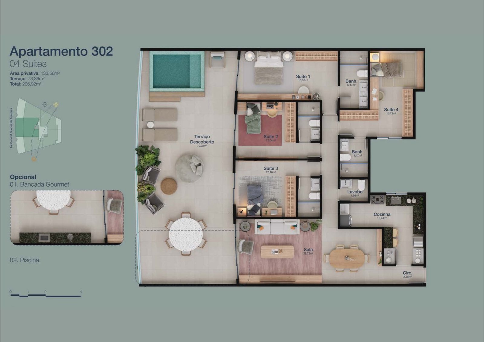Planta baixa dos apartamentos de 2 e 3 quartos do Panorama Jardim Oceânico, com varandas e suítes amplas