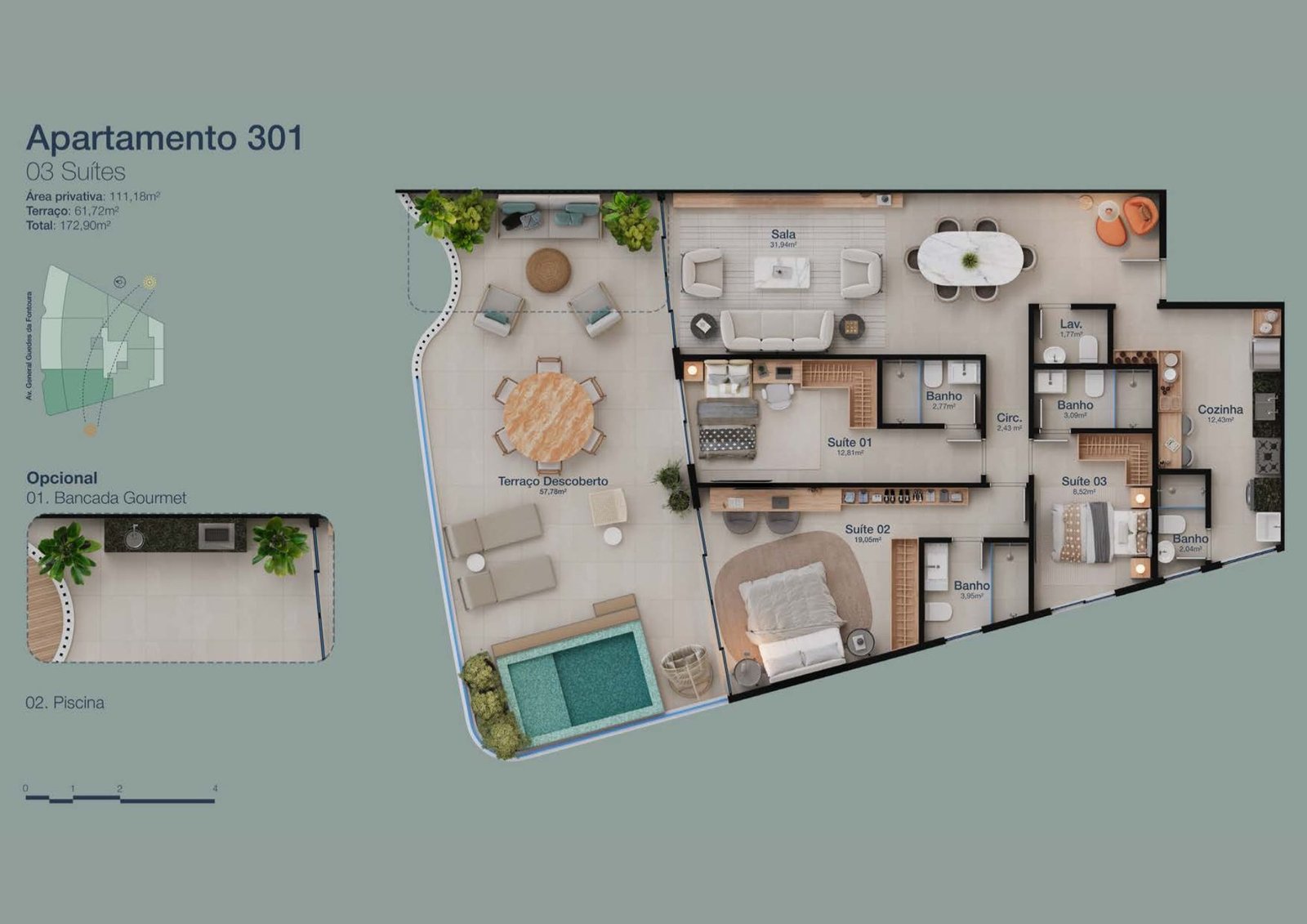 Planta baixa dos apartamentos de 2 e 3 quartos do Panorama Jardim Oceânico, com varandas e suítes amplas