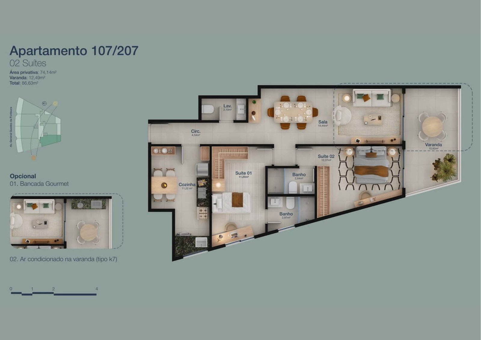 Planta baixa dos apartamentos de 2 e 3 quartos do Panorama Jardim Oceânico, com varandas e suítes amplas