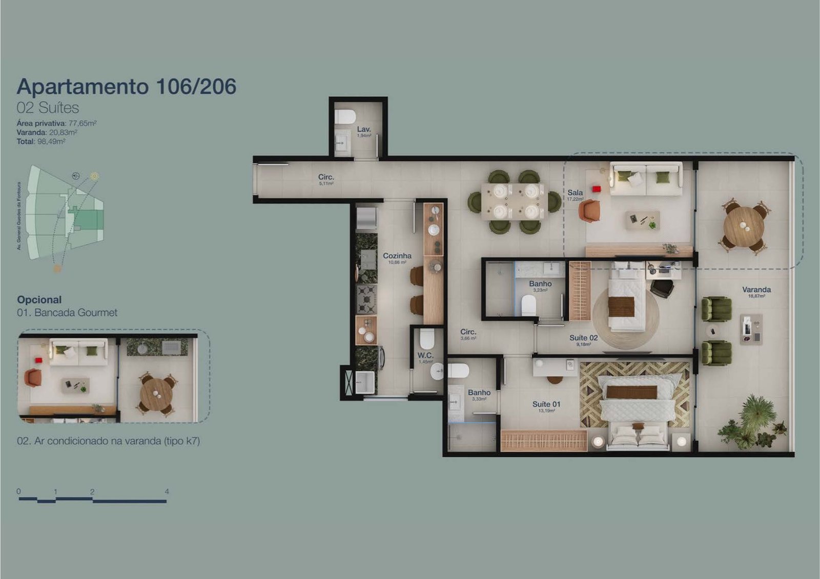 Planta baixa dos apartamentos de 2 e 3 quartos do Panorama Jardim Oceânico, com varandas e suítes amplas