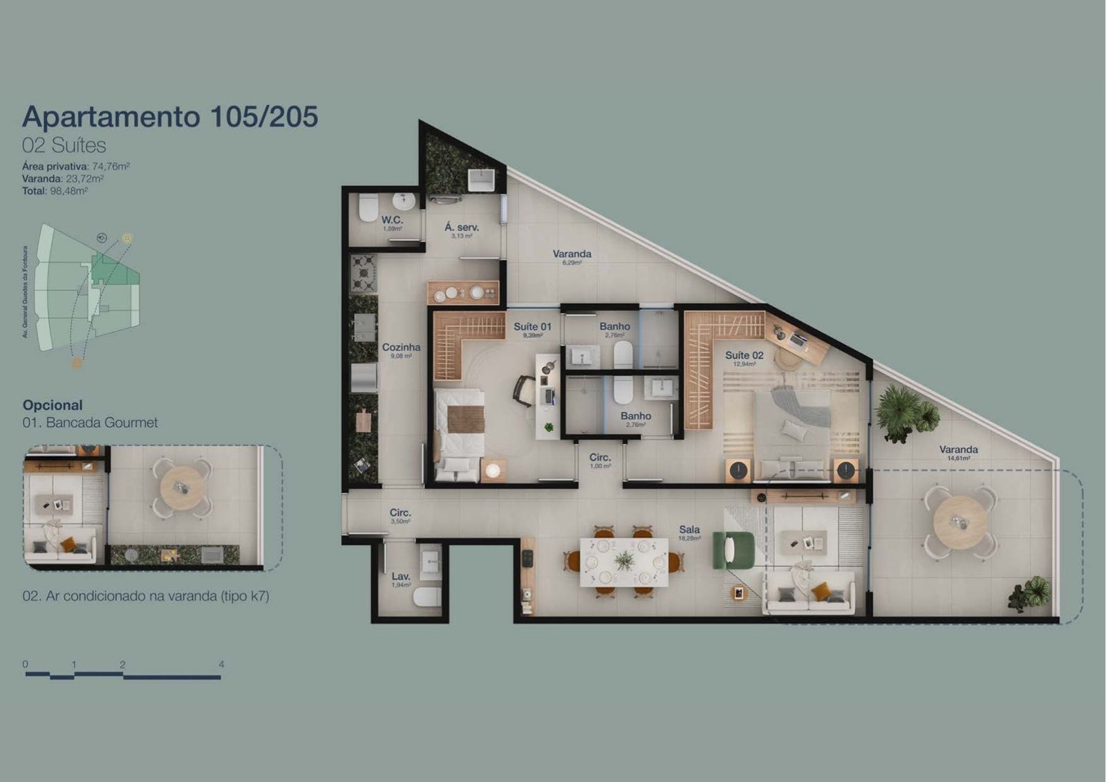 Planta baixa dos apartamentos de 2 e 3 quartos do Panorama Jardim Oceânico, com varandas e suítes amplas