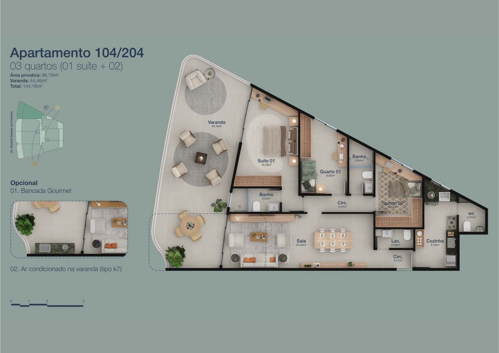 Planta baixa dos apartamentos de 2 e 3 quartos do Panorama Jardim Oceânico, com varandas e suítes amplas
