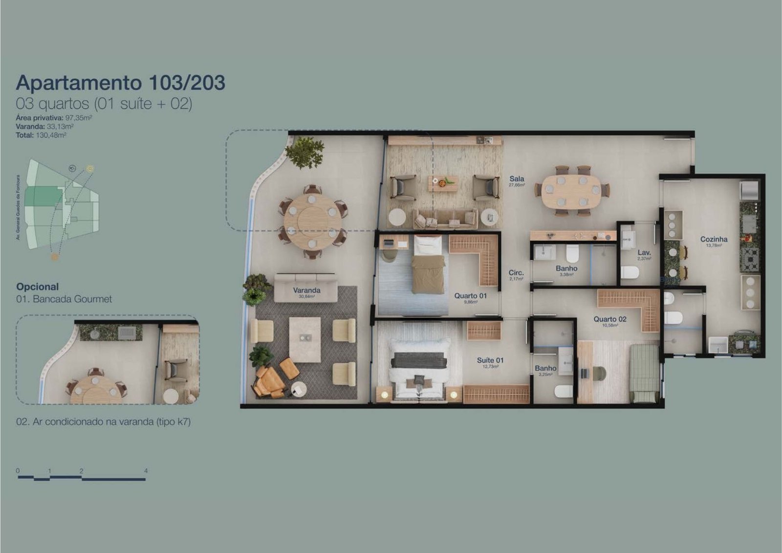 Planta baixa dos apartamentos de 2 e 3 quartos do Panorama Jardim Oceânico, com varandas e suítes amplas