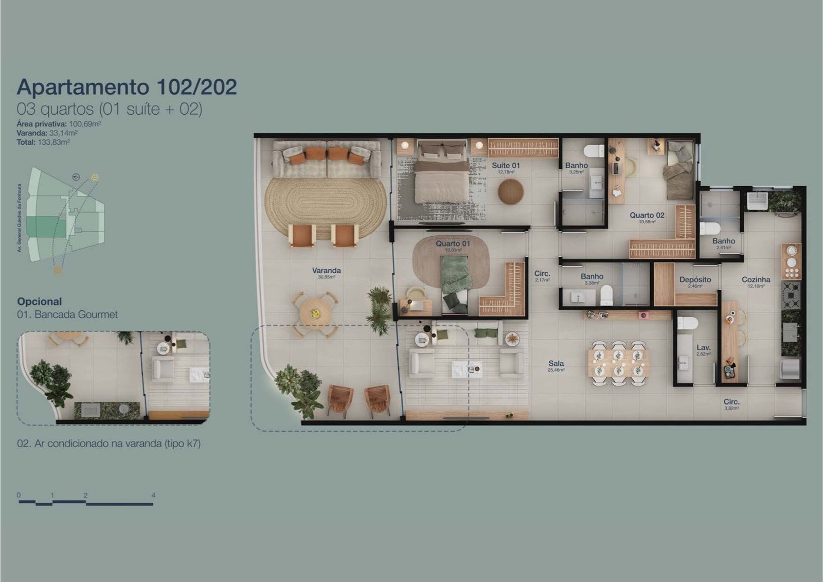Planta baixa dos apartamentos de 2 e 3 quartos do Panorama Jardim Oceânico, com varandas e suítes amplas
