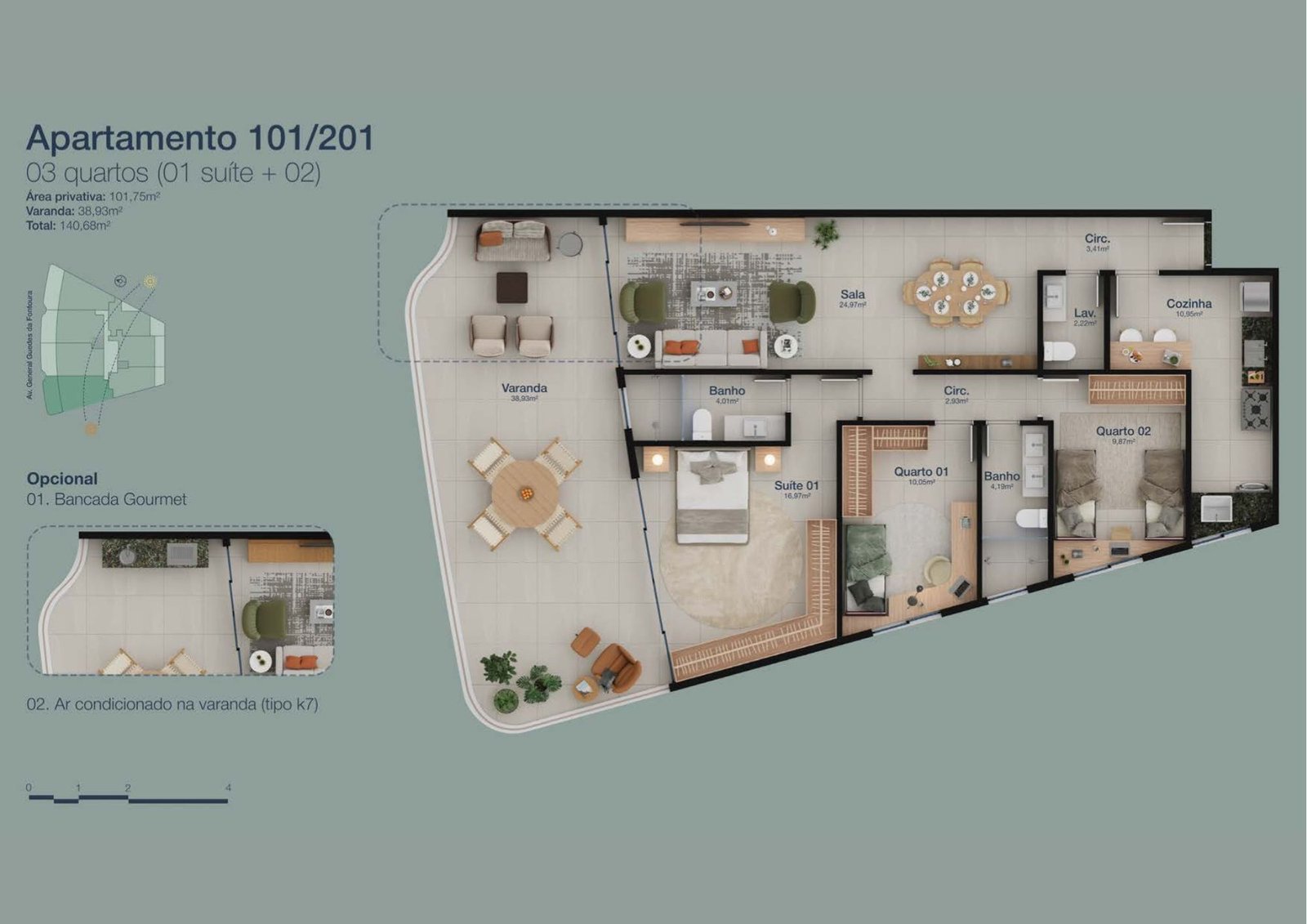 Planta baixa dos apartamentos de 2 e 3 quartos do Panorama Jardim Oceânico, com varandas e suítes amplas