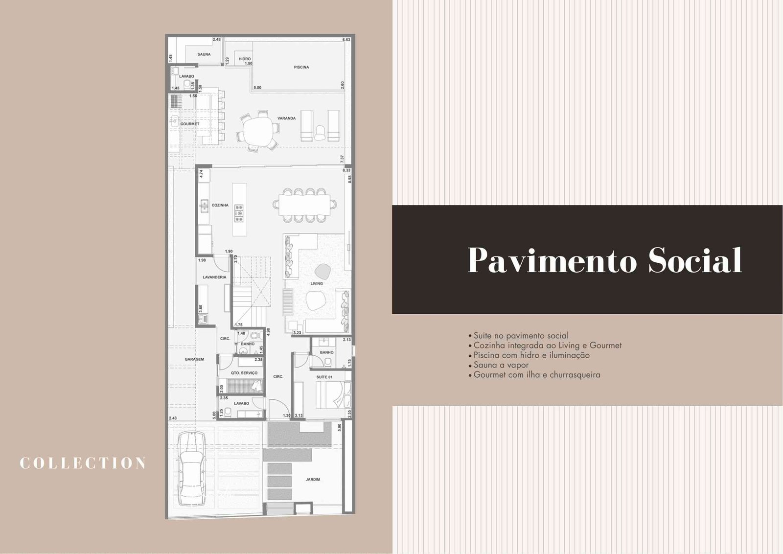Layout do pavimento íntimo com quatro suítes, varanda frontal e suíte master com walk-in closet.