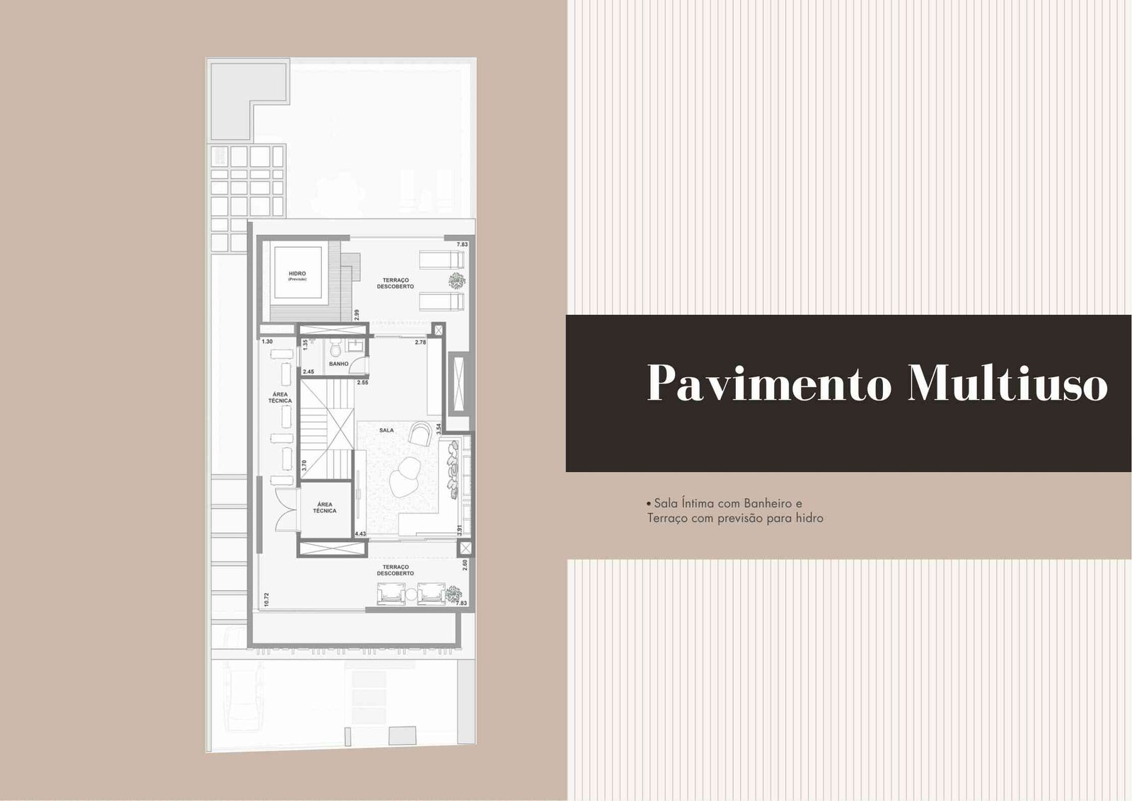 Planta do pavimento social com living, cozinha gourmet, suíte no térreo, piscina e sauna a vapor.