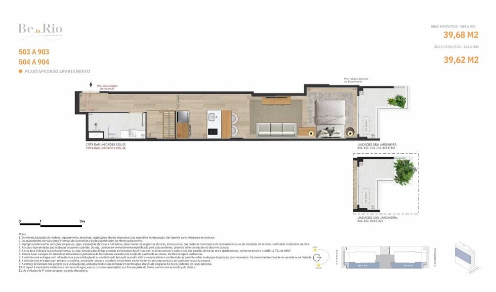Planta das unidades de cobertura colunas 503‑903 e 504‑904 com 39,68 m² e 39,62 m²