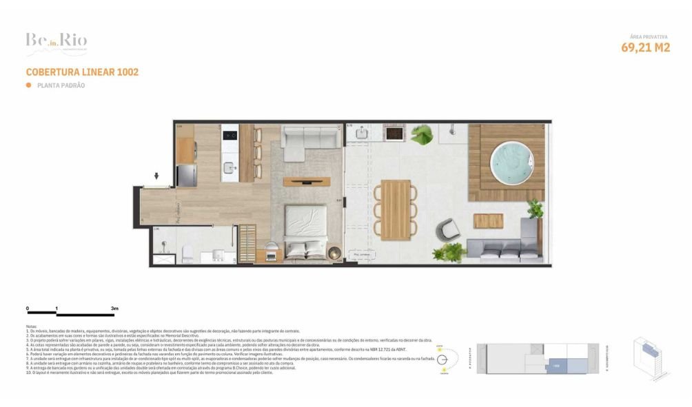 Planta da cobertura linear unidade 1001 com 75,16 m² e espaço gourmet integrado