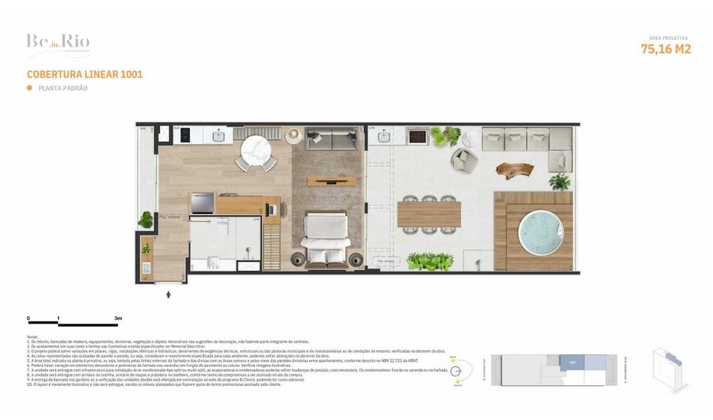 Planta da cobertura linear unidade 1002 com área total de 69,21 m² incluindo deck e hidro