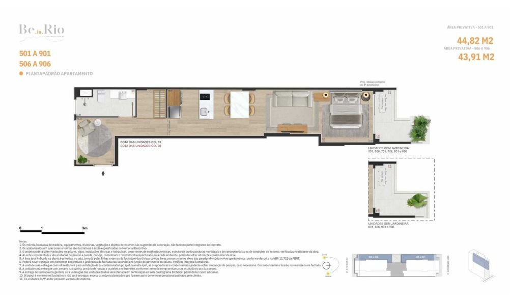 Planta apartamentos colunas 01 e 06 com 44,82 m² e varanda-jardim opcional em Ipanema