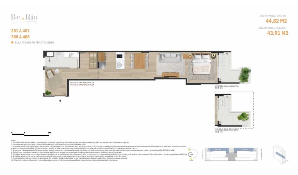 Planta apartamentos colunas 01 e 08 de 43,91 m² com layout funcional e varanda opcional