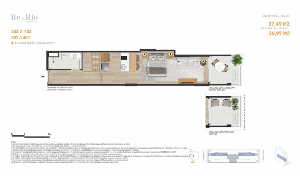 Planta padrão unidades colunas 02 e 07 com 37,49 m² e design otimizado para locação de temporada
