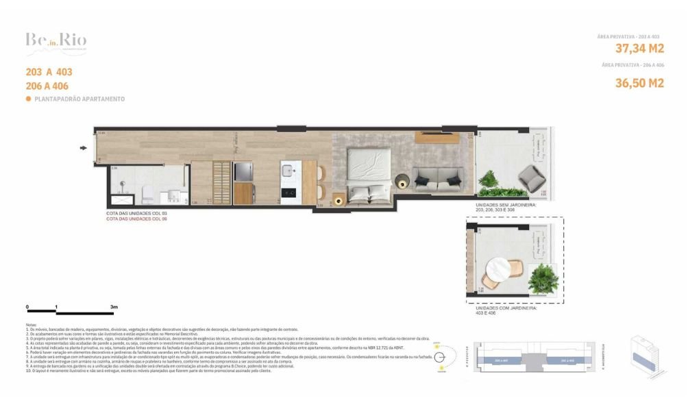 Planta apartamentos colunas 03 e 06 com 37,34 m² e 36,50 m² incluindo varanda jardim opcional