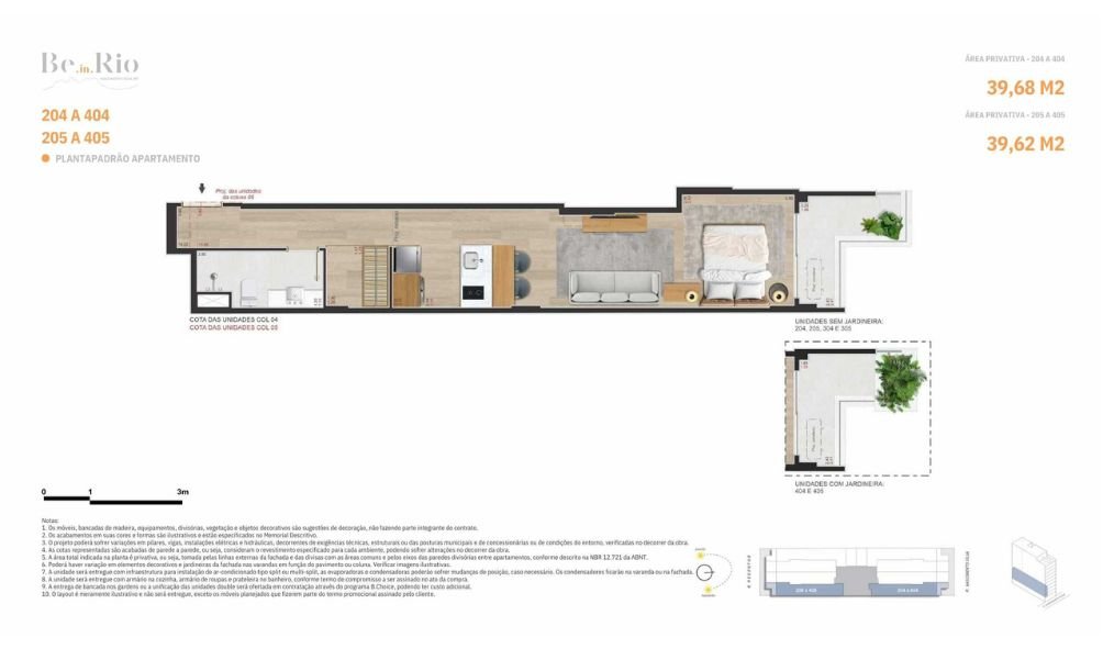 Planta das unidades colunas 04 e 05 de 39,68 m² com variação mínima de metragem e varanda flexível