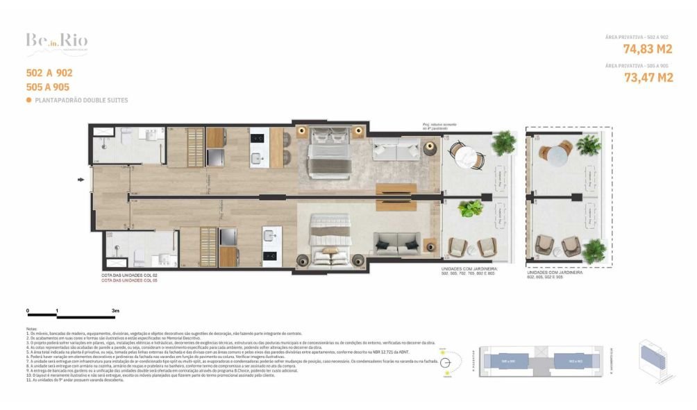 Planta padrão das double suítes unidades 502‑902 e 505‑905 com 74,83 m² e varanda-jardim privativa