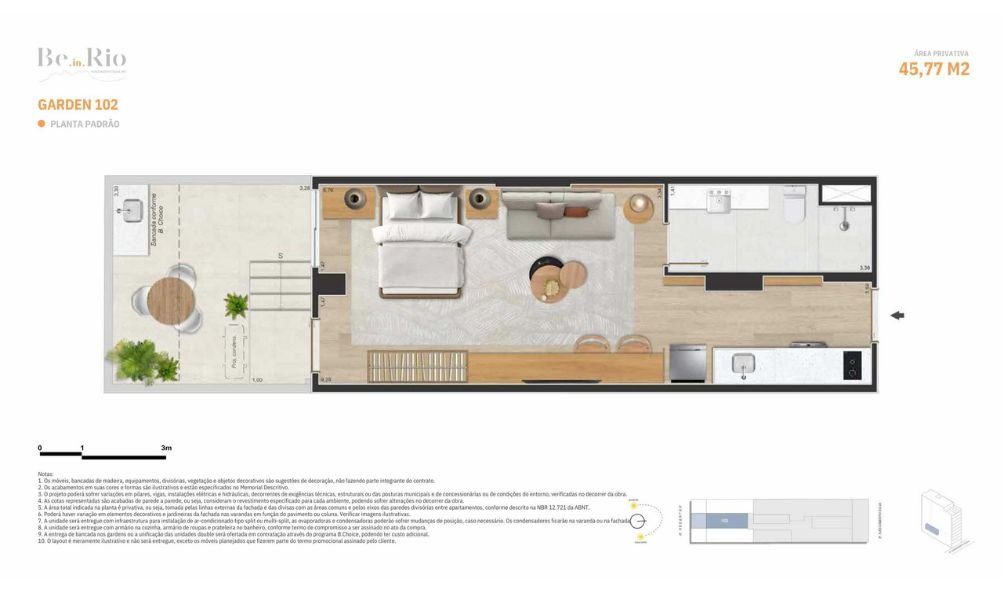 Planta Garden 102 com 45,77 m² incluindo varanda-jardim e layout aberto para integração dos ambientes