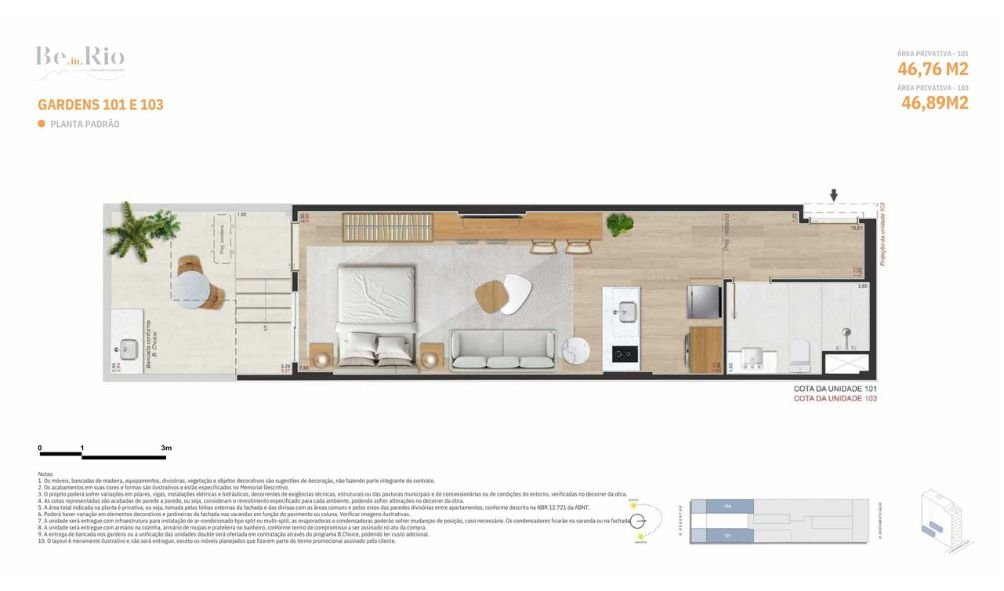 Planta Gardens unidades 101 e 103 com 46,76 m² e 46,89 m², com varanda ampla e design contemporâneo