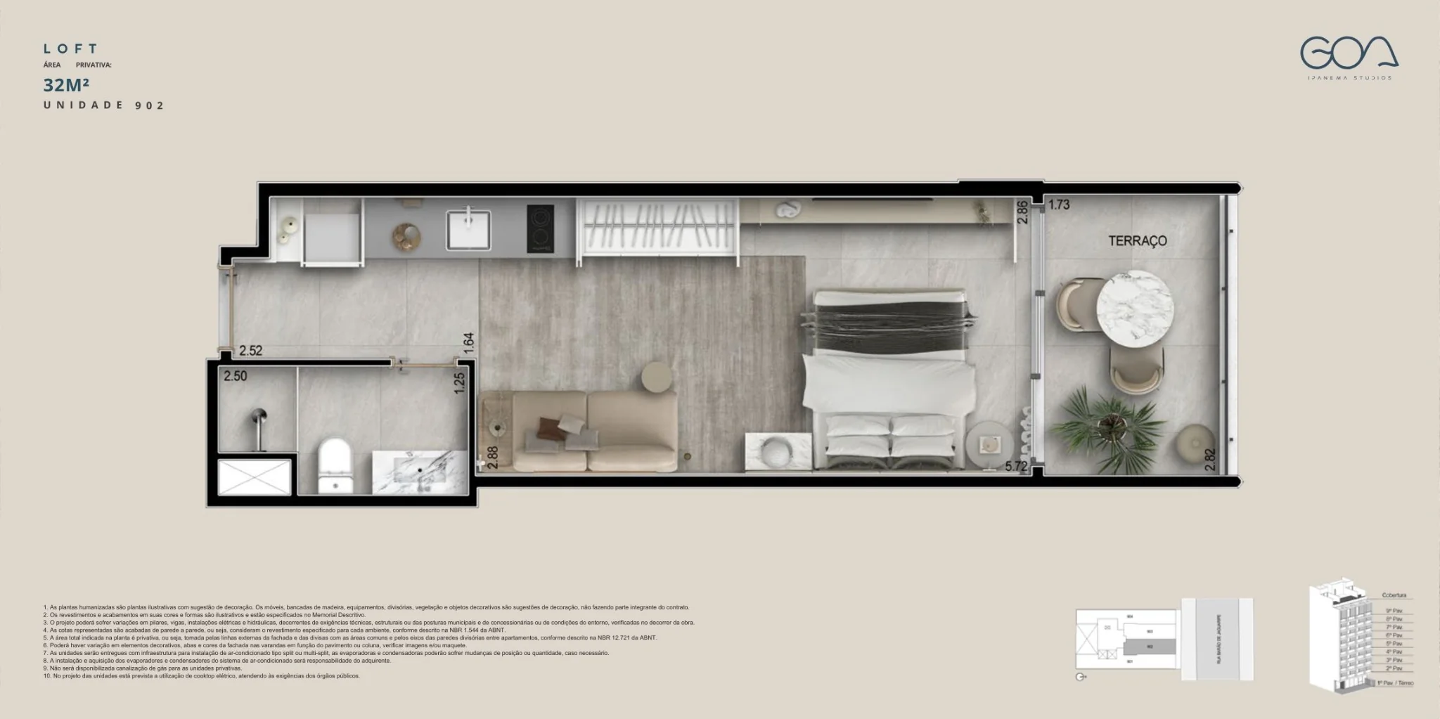 Planta da double suíte de 57 m² no Goa Ipanema Studios em Ipanema