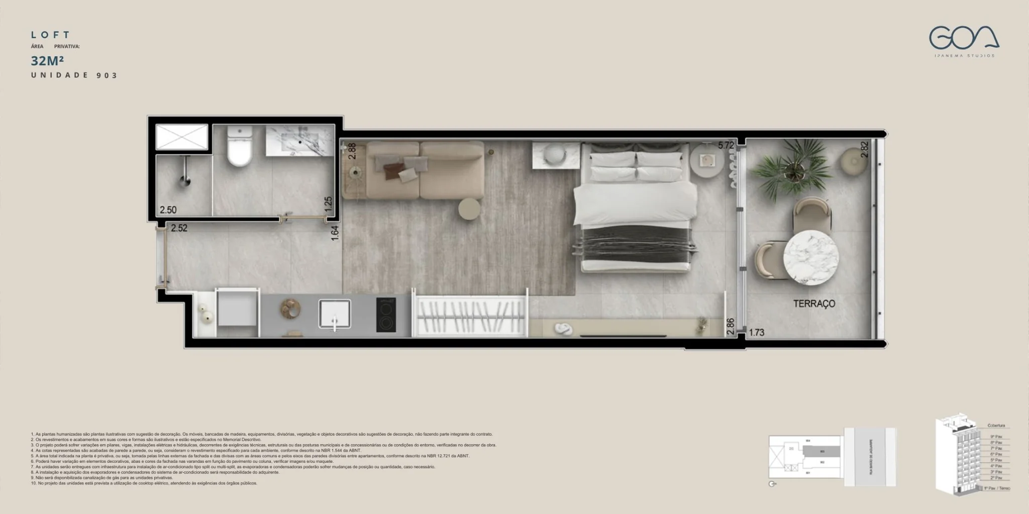 Planta da double suíte de 57 m² no Goa Ipanema Studios em Ipanema