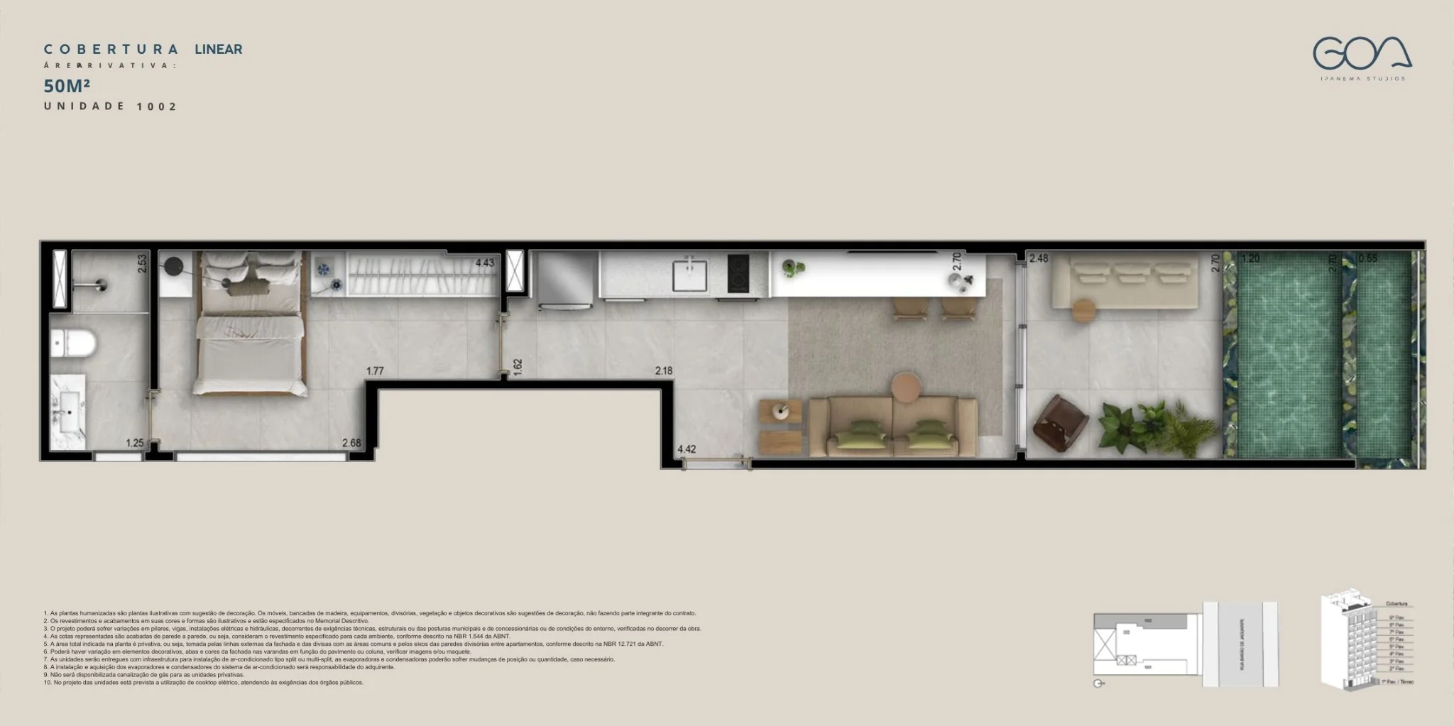 Planta do studio de 32 m² no Goa Ipanema Studios com varanda integrada