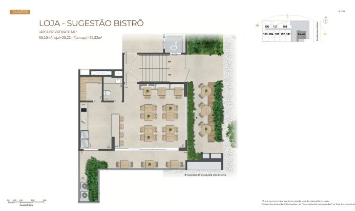 Planta da cobertura frontal inferior com ambientes integrados, suíte master ampla, varanda e destaque para escada de acesso ao rooftop privativo.