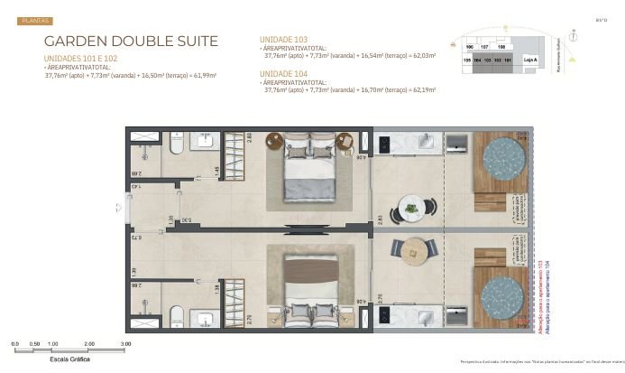 Planta da cobertura frontal superior com área externa generosa, piscina, espaço gourmet e vista livre, ideal para lazer com privacidade.