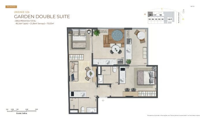 Planta detalhada da unidade garden frontal, com layout funcional, jardim externo, cozinha americana, suíte com closet e área social voltada para o quintal.