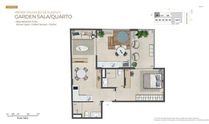 Planta do apartamento garden com quintal privativo, sala integrada à varanda, dois quartos sendo uma suíte, e ampla área externa ideal para lazer.