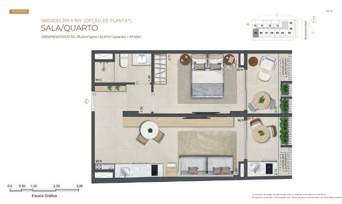 Planta ilustrada de unidade tipo com 2 suítes, varanda gourmet, sala integrada e cozinha americana, com layout funcional e bem distribuído.