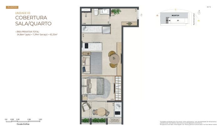 Planta da cobertura inferior com ambientes amplos, varanda envolvente e destaque para suíte master com closet e banheiro espaçoso.