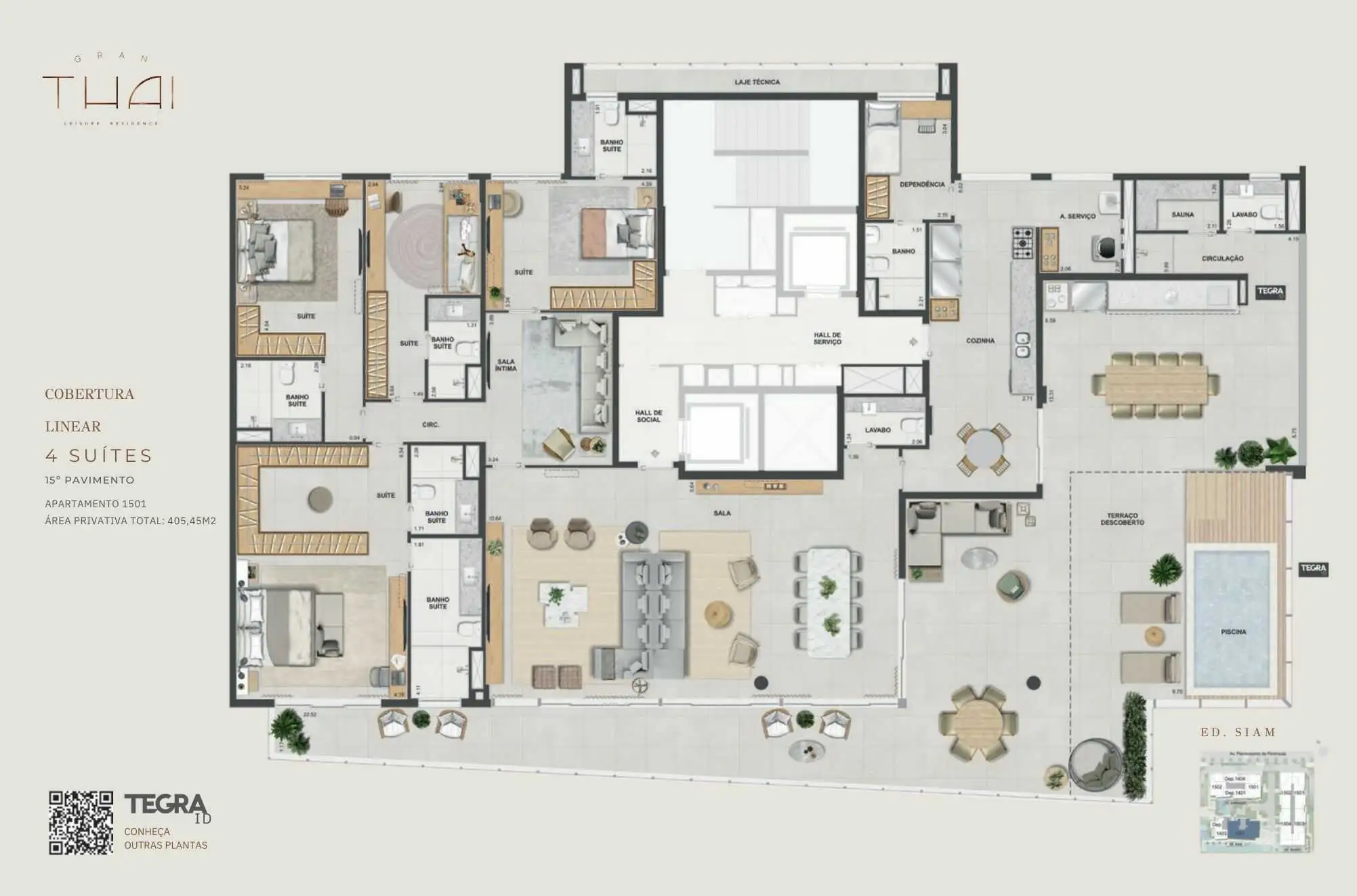 Planta baixa de apartamento tipo no Gran Thai Península com 3 suítes e varanda gourmet.