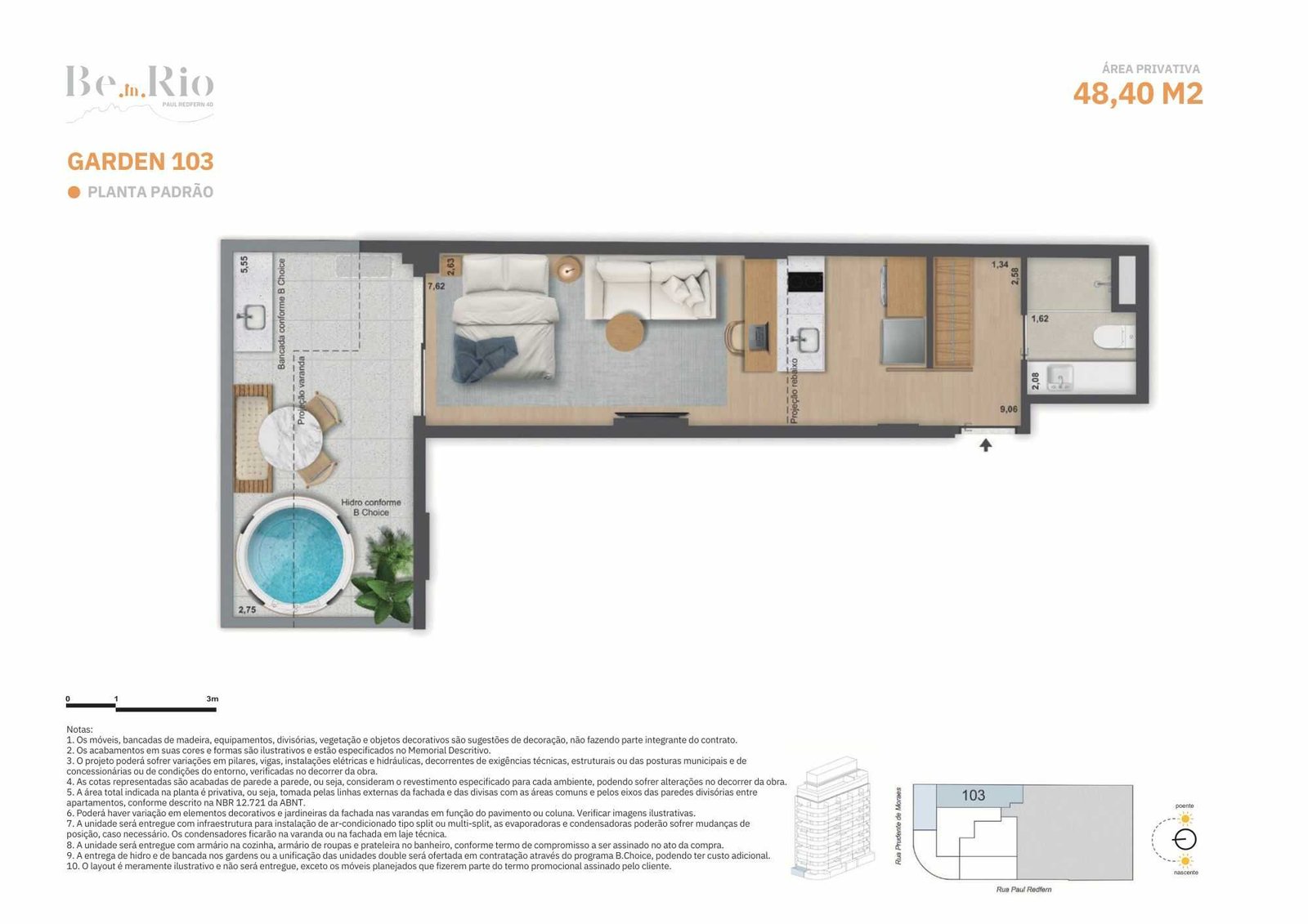 Planta duplex Be In Rio Paul Redfern 40, projeto diferenciado com dois pavimentos e área social integrada.
