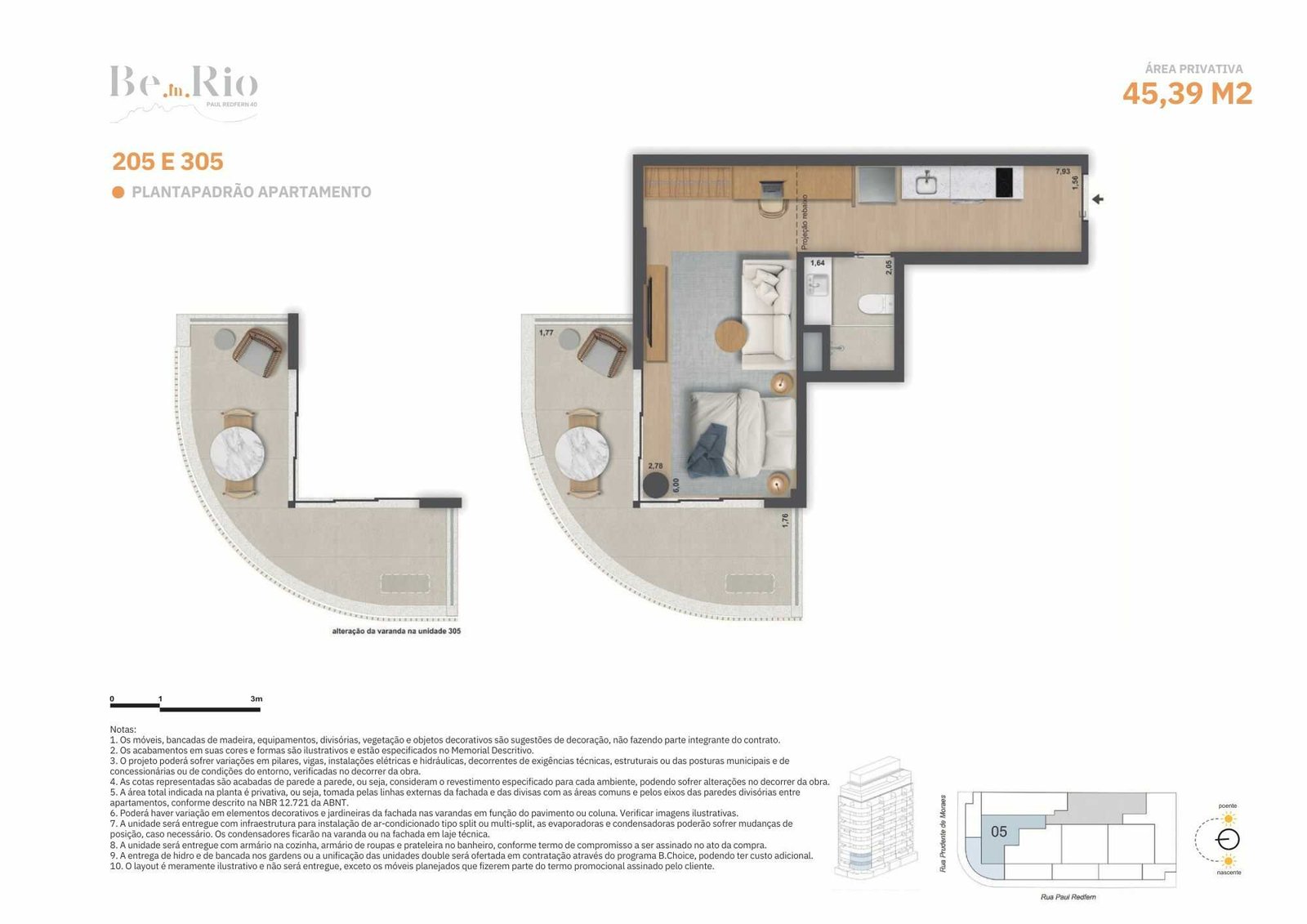 Planta padrão Be In Rio Paul Redfern 40, com otimização de ambientes e alto padrão de acabamentos.