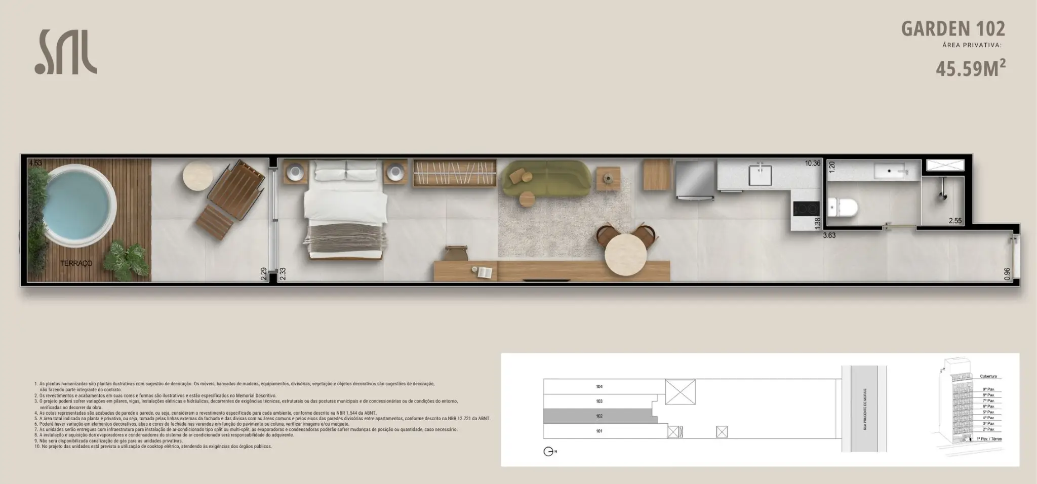 Planta humanizada Garden 102 do Sal Praia Ipanema, unidade de 45,59 m² com terraço, spa, dormitório integrado, estar, cozinha e banheiro — layout completo do empreendimento.