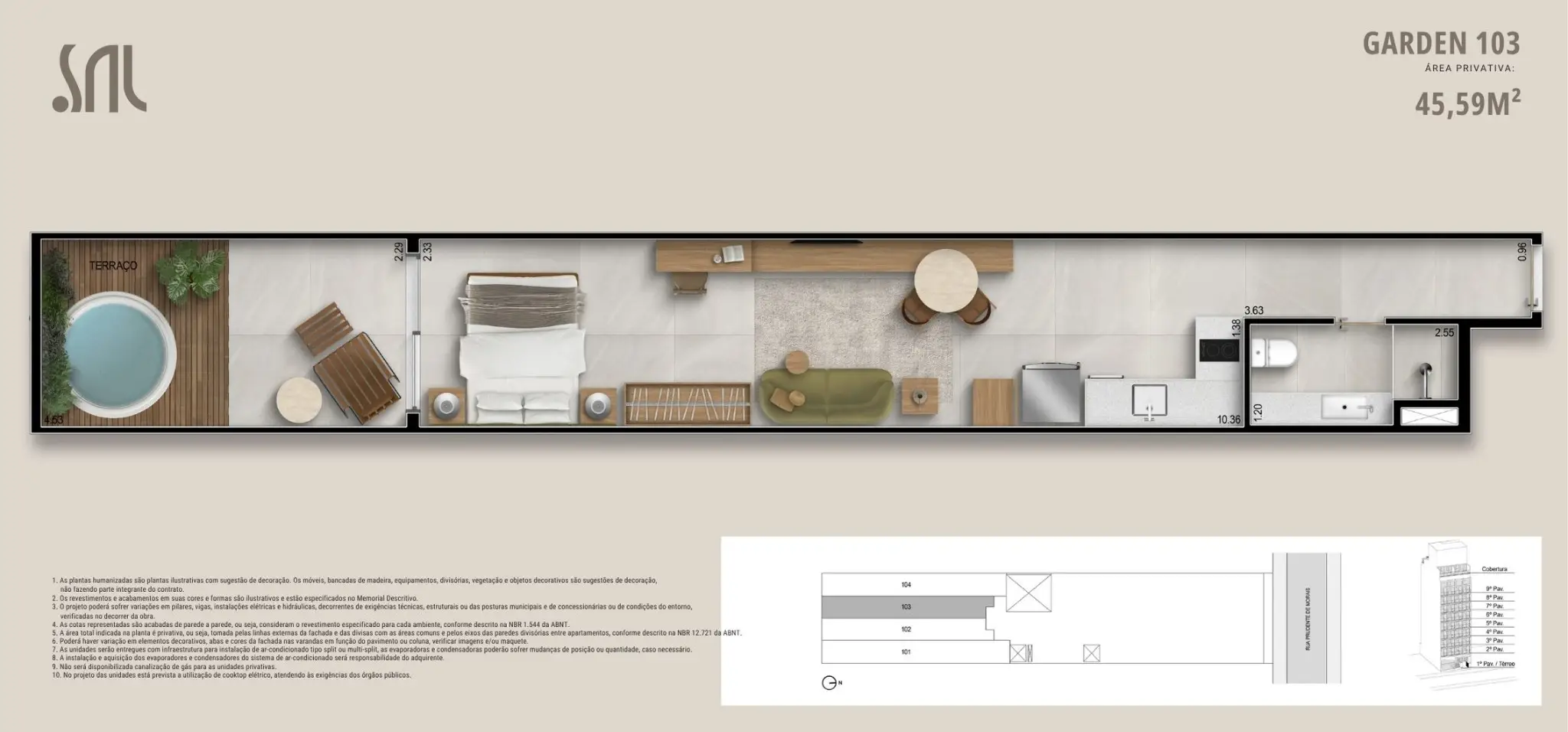 Planta humanizada Garden 103 do Sal Praia de Ipanema, unidade linear de 45,59 m² com terraço privativo com spa, área de estar integrada ao dormitório, cozinha linear e banheiro completo.