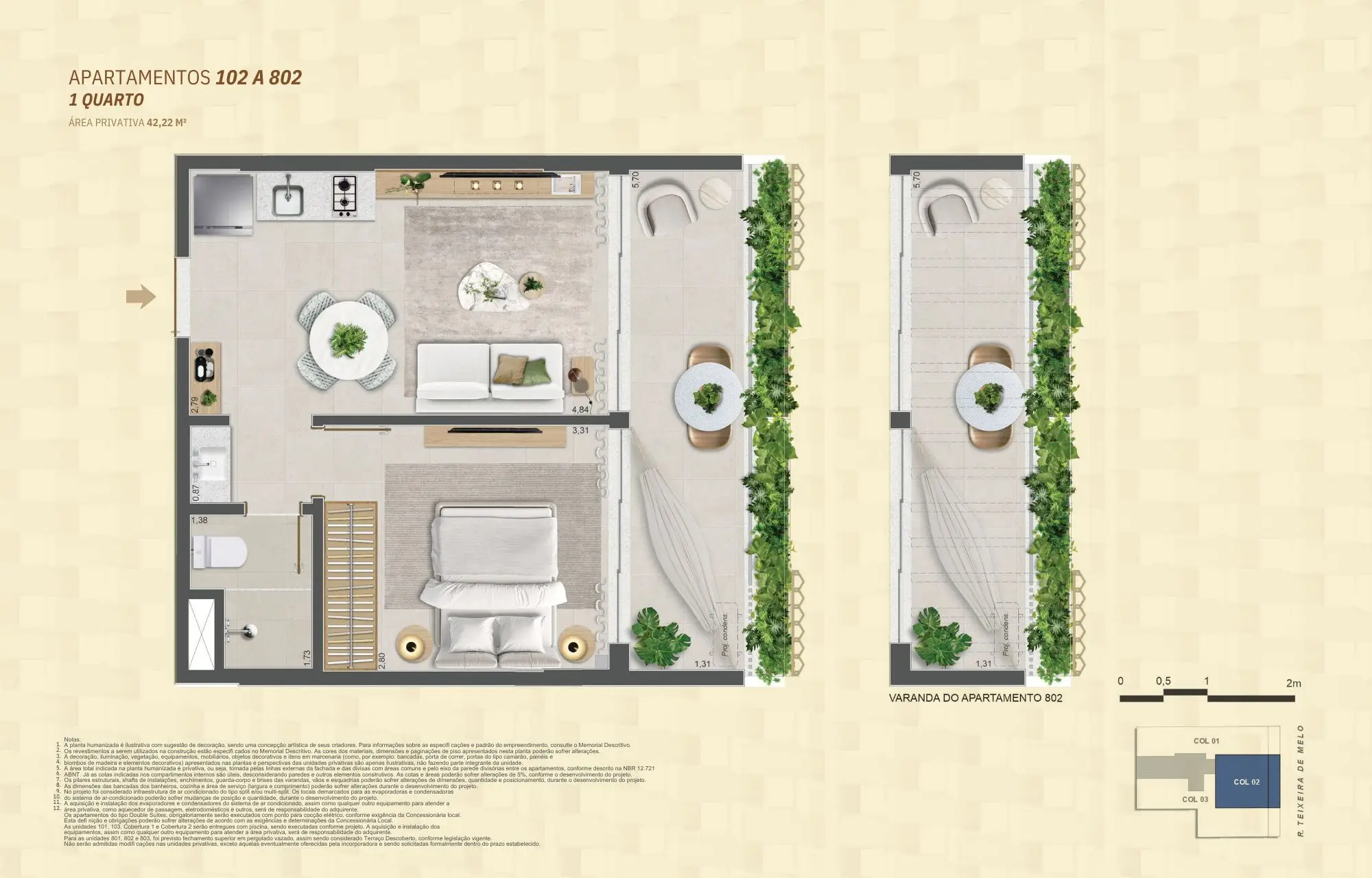 Planta dos apartamentos 102 a 802 do Mare Ipanema, tipologia 1 quarto, com 42,22 m², mostrando sala integrada, cozinha compacta, suíte e varanda alongada com área externa verde.