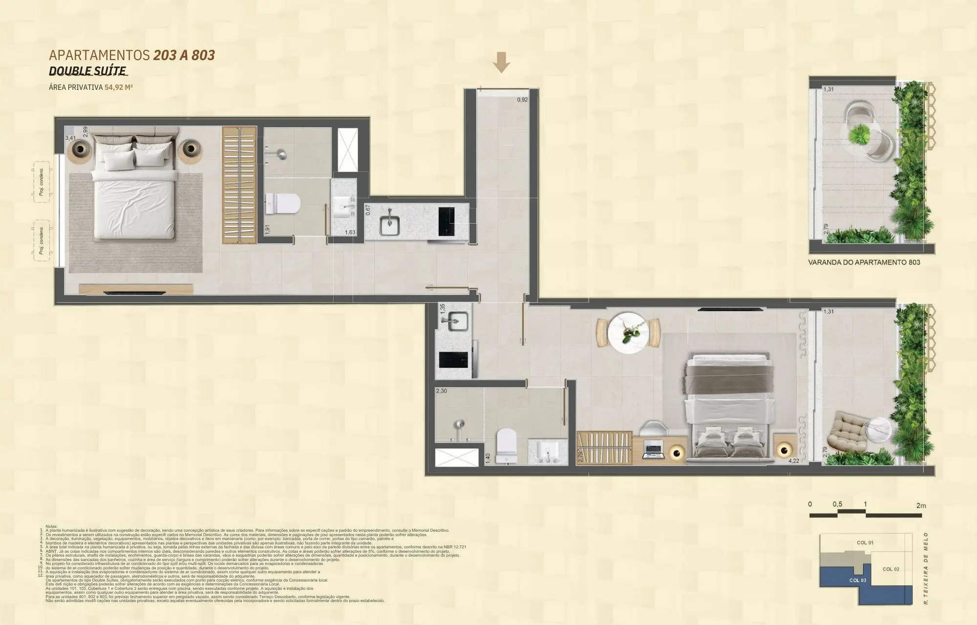 Planta do Apartamento Garden 203 a 803 Double Suíte do Mare Ipanema, com 54,92 m², mostrando duas suítes, varanda integrada e distribuição funcional dos ambientes.