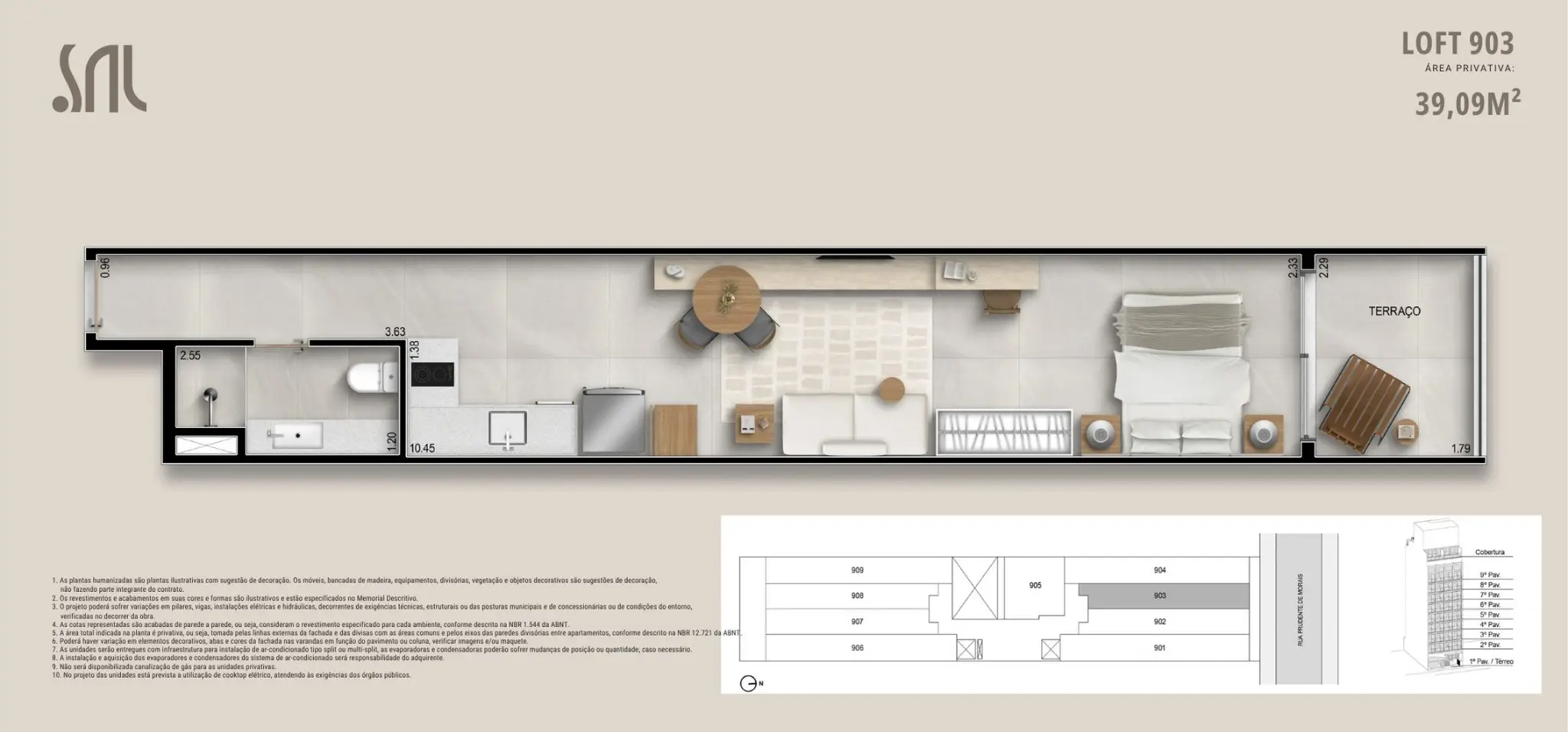 Planta humanizada do Loft 903 no Sal Praia Ipanema, apresentando layout completo com dormitório, sala integrada, cozinha, banheiro e terraço privativo.