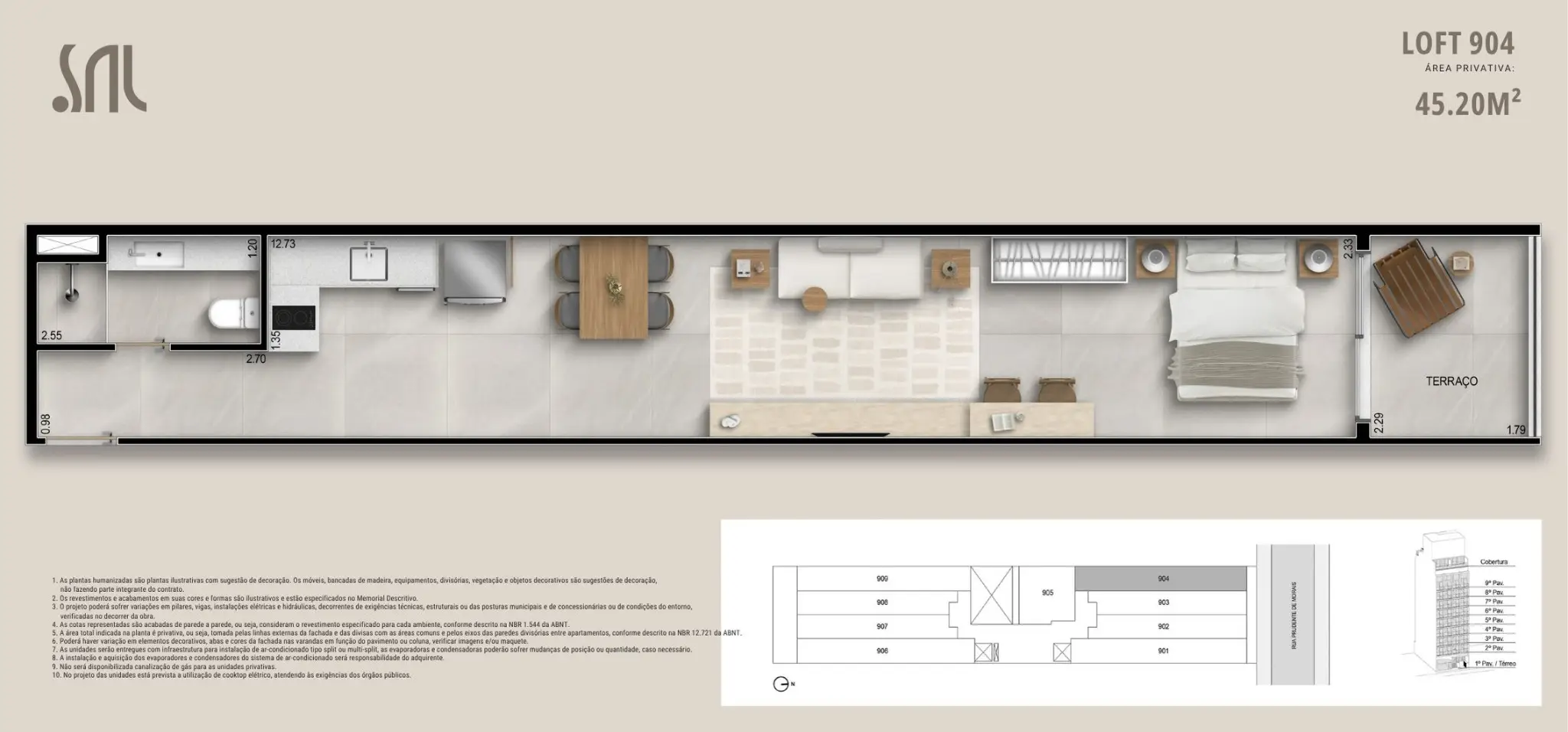 Planta humanizada do Loft 905 no Sal Praia Ipanema, layout com sala integrada, varanda com jardineira, dormitório, cozinha compacta e banheiro — área privativa de 39,51 m²