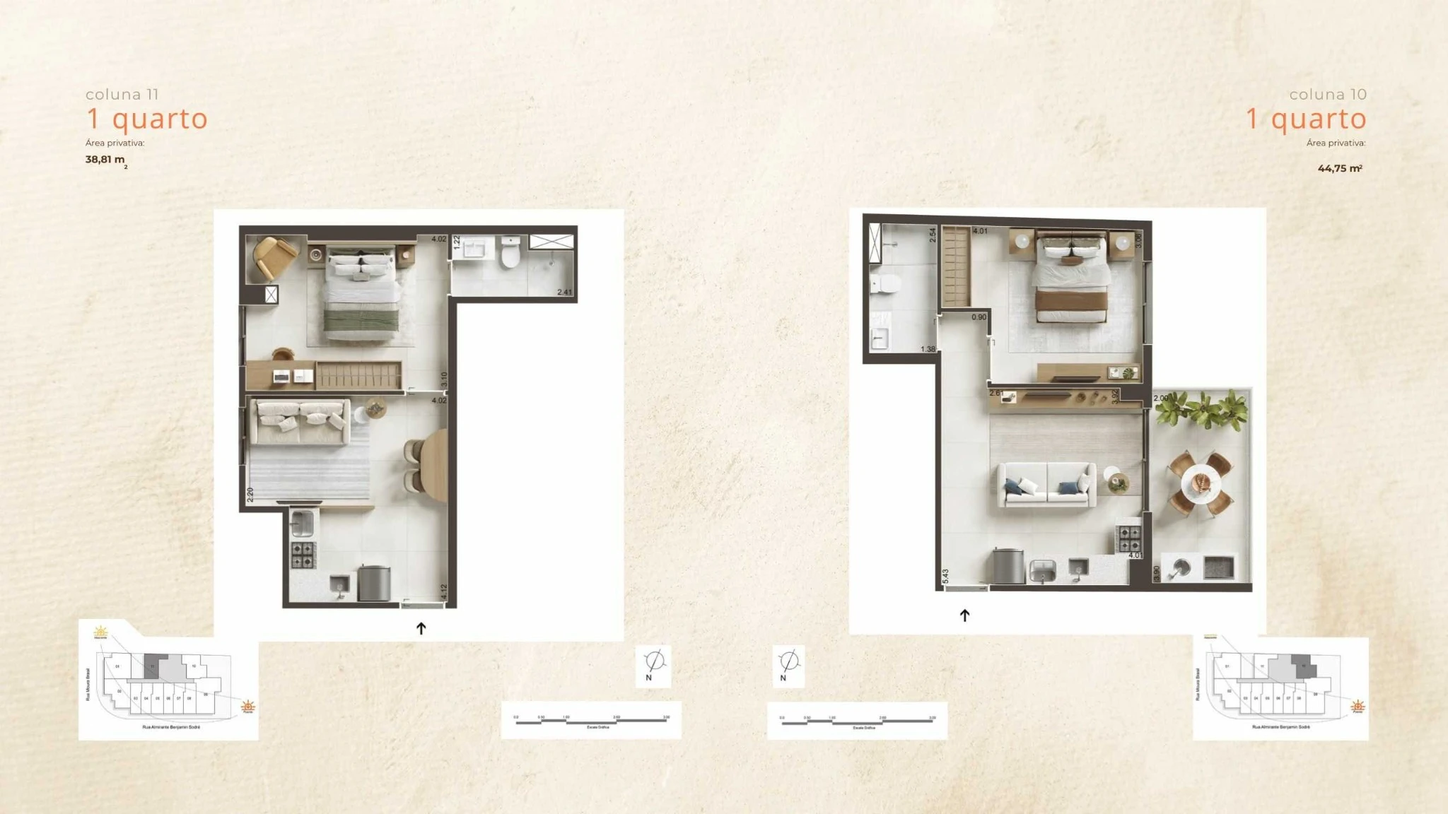 Plantas dos apartamentos de 2 quartos do Céu Laranjeiras, colunas 1 e 2, com 61 a 62 m², varanda ampla e suíte principal.