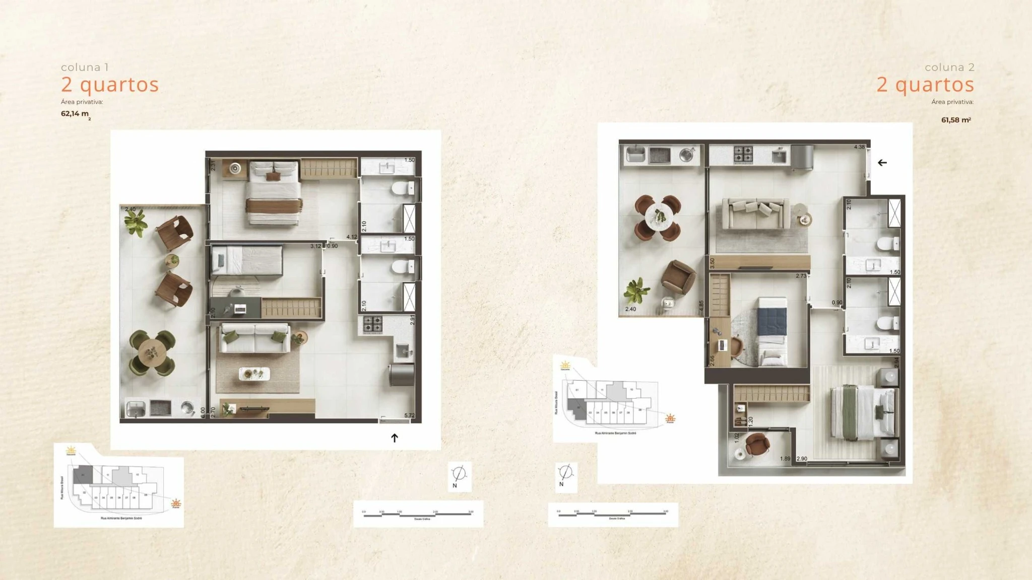 Plantas dos studios do Céu Laranjeiras, colunas 3 e 4, com 30 a 31 m², aproveitamento inteligente dos espaços e varanda compacta.