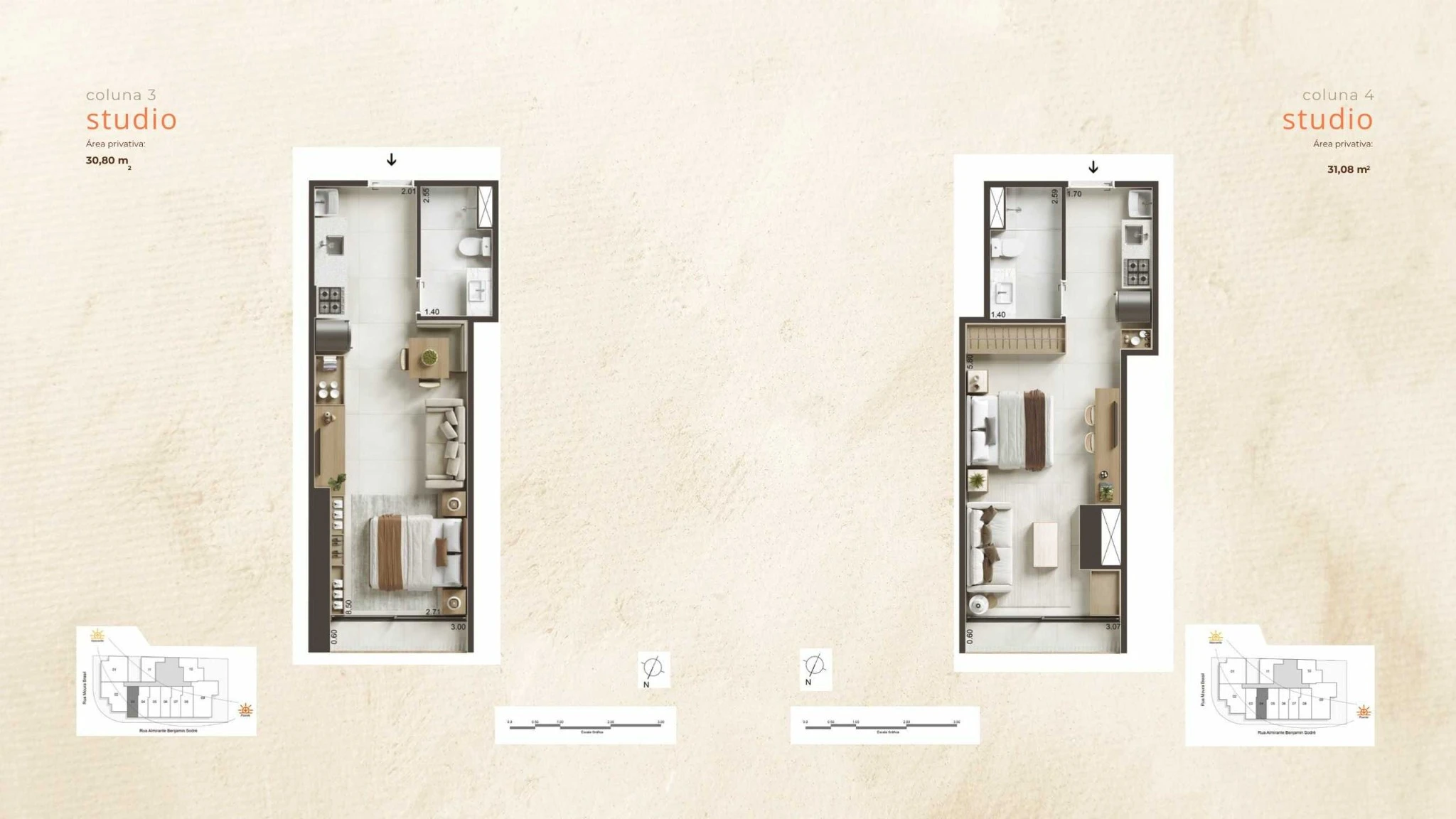 Plantas dos studios do Céu Laranjeiras, colunas 7 e 8, com áreas entre 30 e 35 m², layout moderno e integração de ambientes.