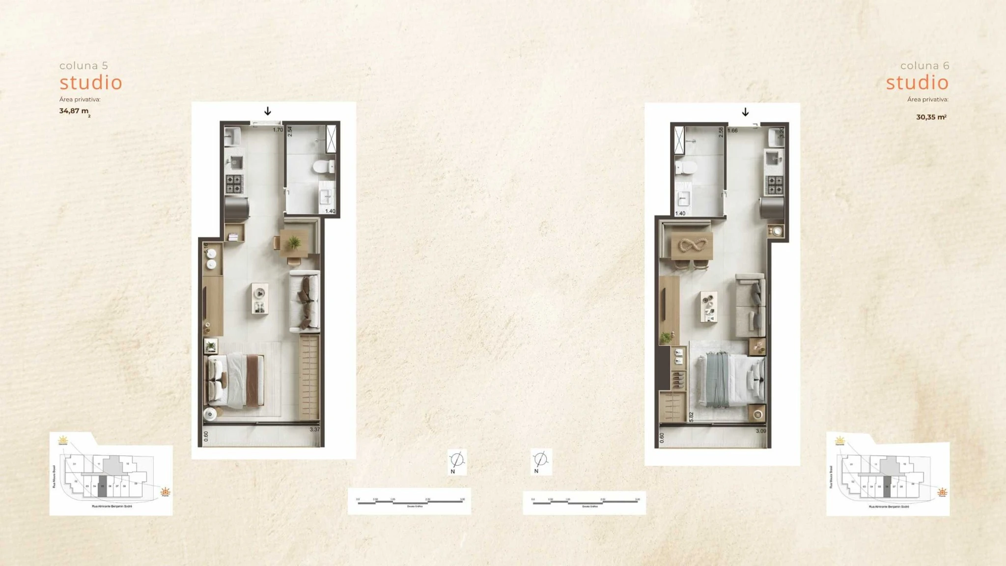 Plantas dos studios do Céu Laranjeiras, colunas 5 e 6, com áreas de 30 a 34 m², ideal para investidores e jovens moradores na Zona Sul do Rio.