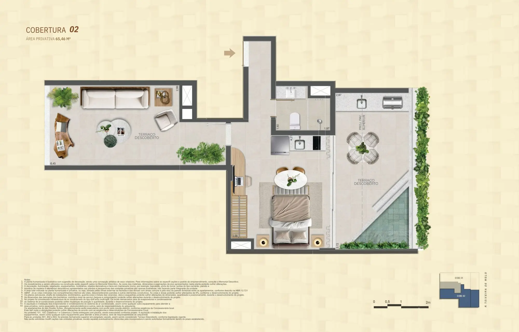 Planta da Cobertura 02 do Sal Praia Ipanema com 65,46 m², mostrando terraço descoberto, área gourmet, sala integrada, suíte e piscina privativa.
