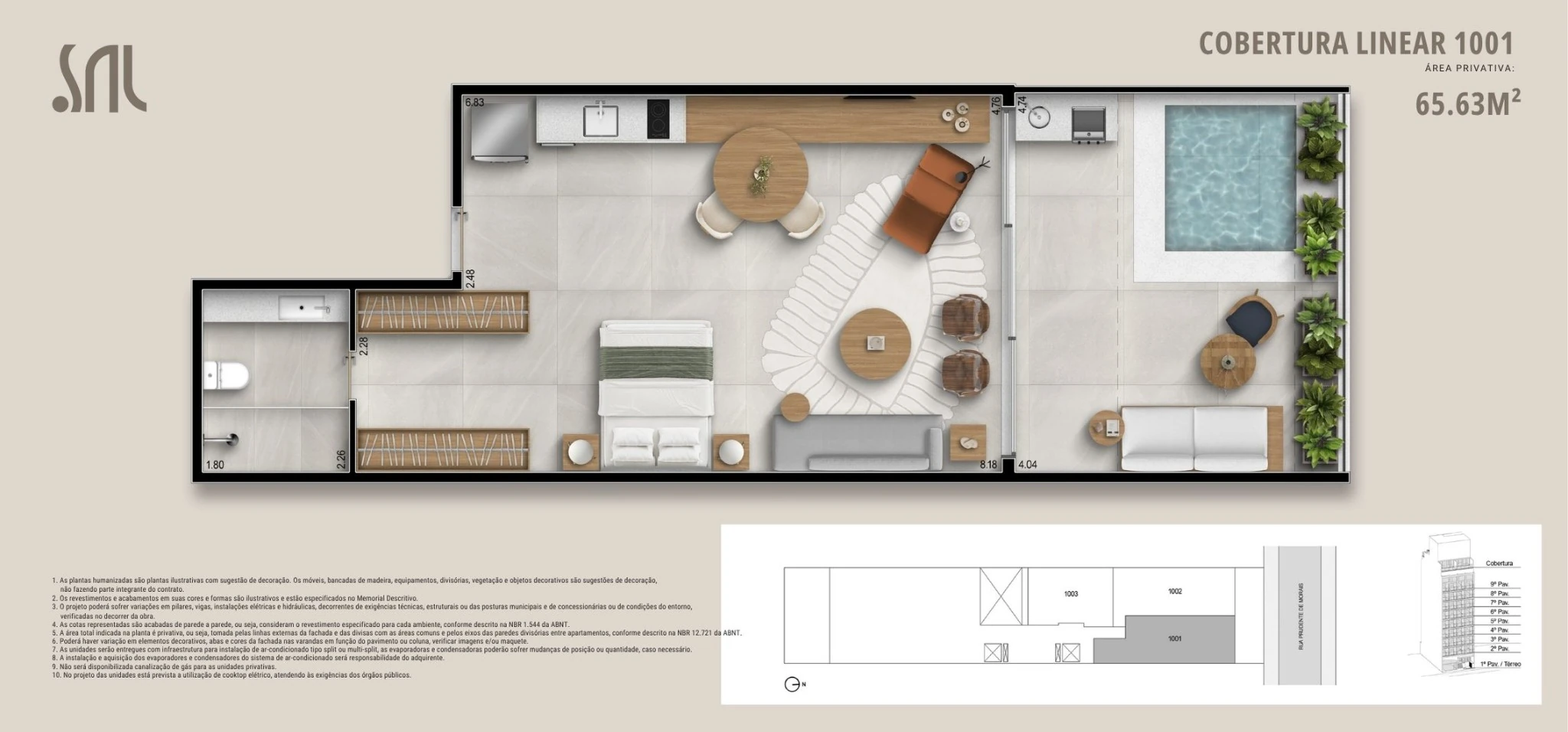 Planta humanizada da cobertura linear 1001 do Sal Praia de Ipanema, com 65,63 m², piscina privativa, varanda ampla, living integrado, cozinha compacta e suíte com layout moderno e funcional.