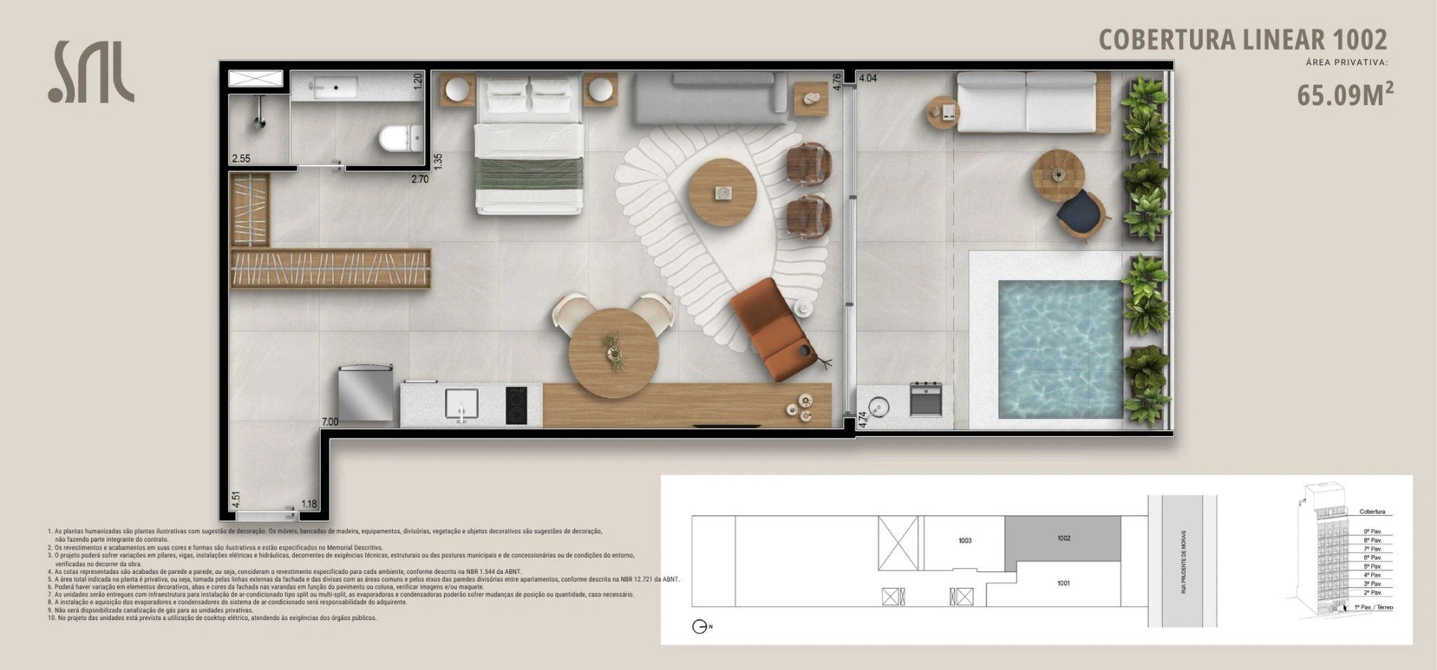 Planta humanizada da cobertura linear 1002 do Sal Praia de Ipanema, com piscina privativa, living integrado, cozinha funcional, área externa ampla e layout moderno de 65,09 m²